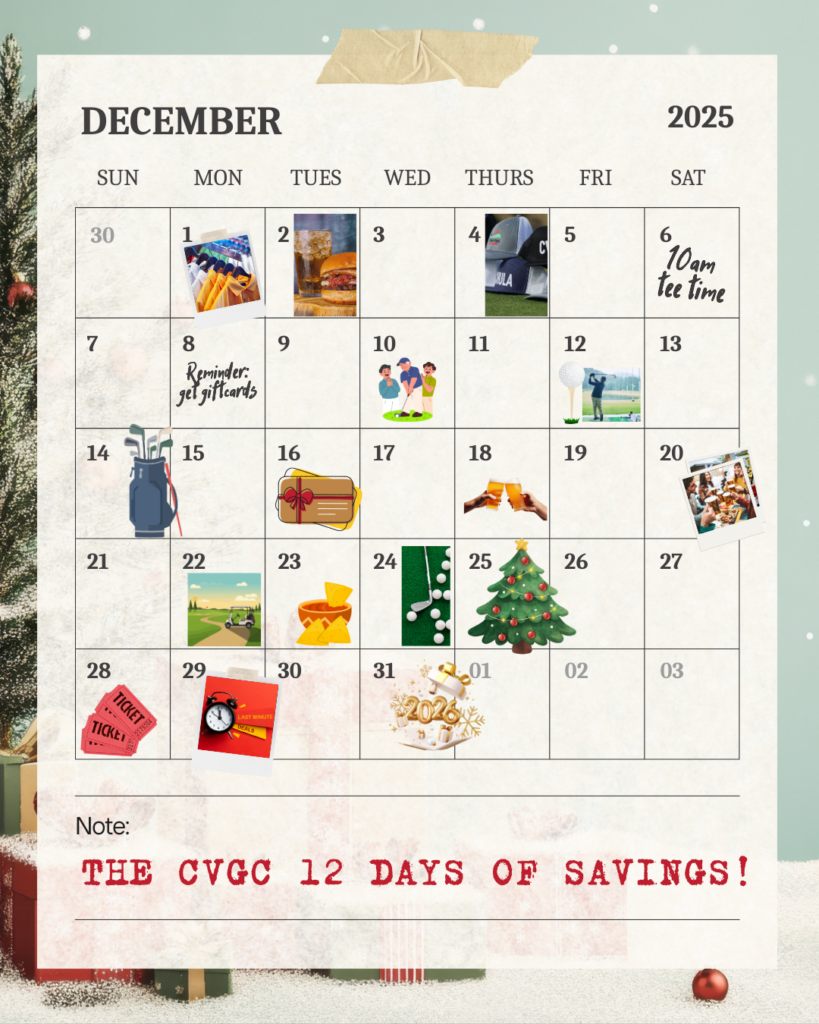 December 2025 calendar with small illustrations on various dates representing golf-related deals and holiday-themed promotions at Chula Vista Golf Course. Text at the bottom reads “The CVGC 12 Days of Savings!”