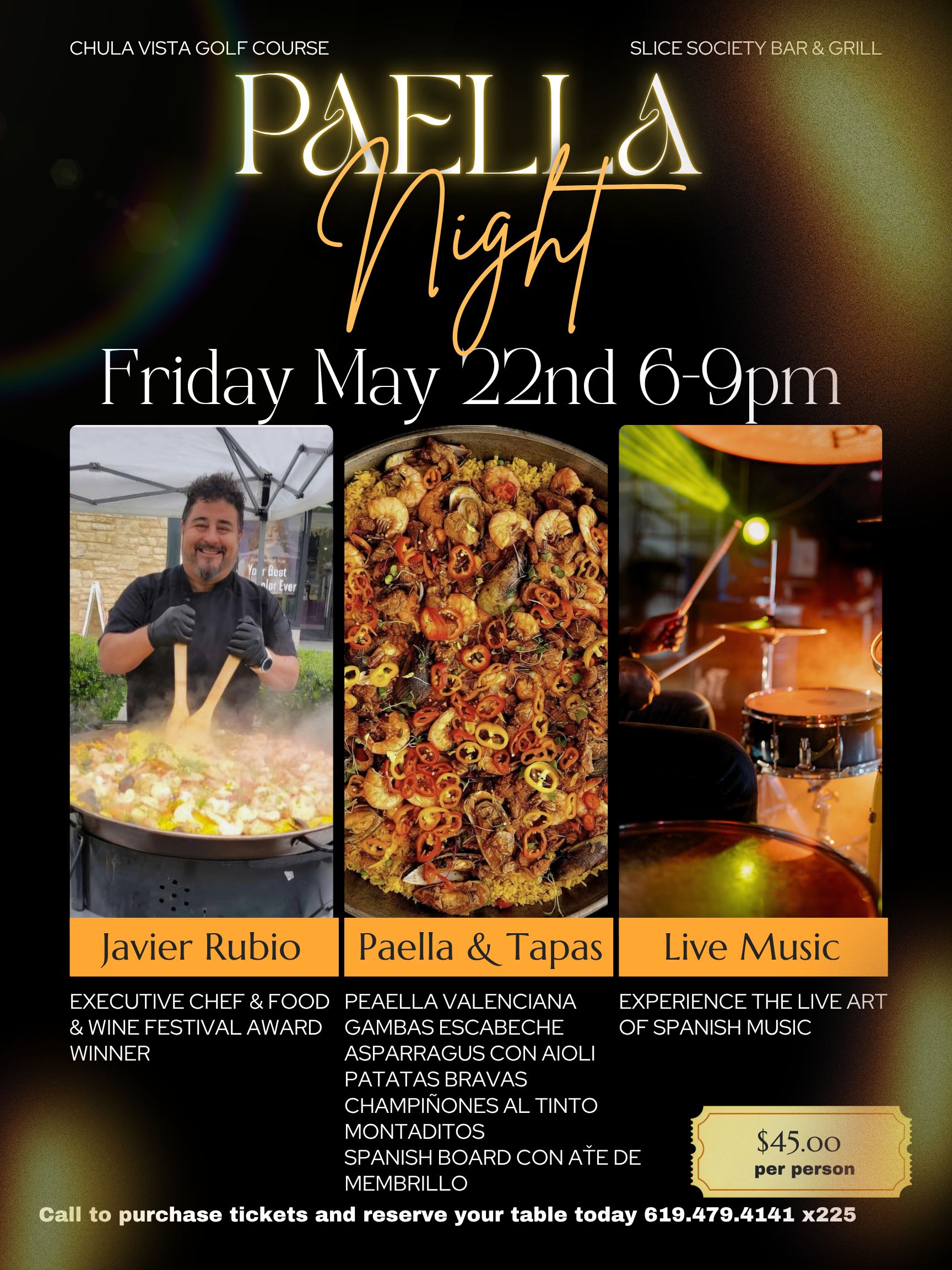 Promotional flyer for Paella Night at Chula Vista Golf Course featuring event details for Friday, May 22 from 6–9 PM, live music, award-winning chef Javier Rubio, Spanish tapas and paella menu, and ticket price of $45 per person.