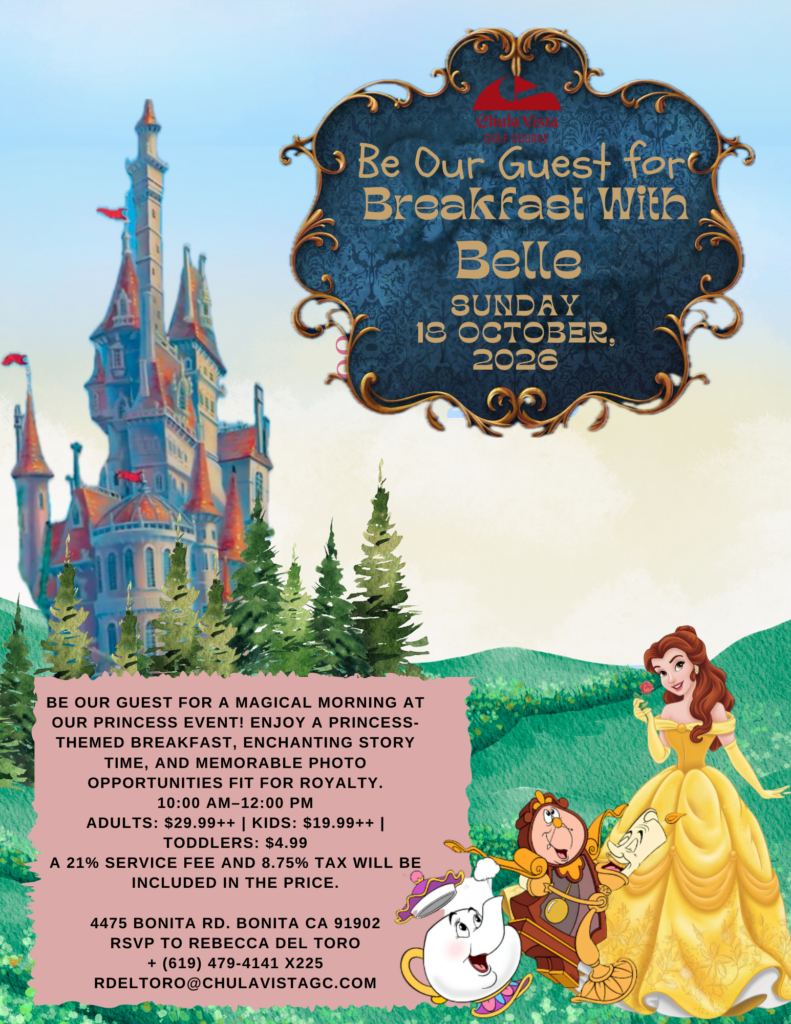 Breakfast with Belle event flyer featuring Belle, a castle, and event details for October 18, 2026 at Chula Vista Golf Course.